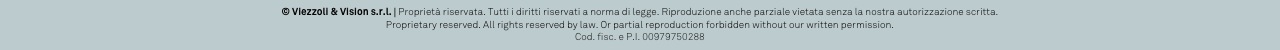 © Viezzoli & Vision s.r.l. | Proprietà riservata. Tutti i diritti riservati a norma di legge. Riproduzione anche parziale vietata senza la nostra autorizzazione scritta.
Proprietary reserved. All rights reserved by law. Or partial reproduction forbidden without our written permission. 
Cod. fisc. e P.I. 00979750288