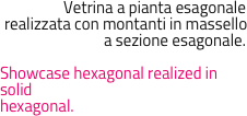 Vetrina a pianta esagonale realizzata con montanti in massello 
a sezione esagonale.

Showcase hexagonal realized in solidhexagonal.