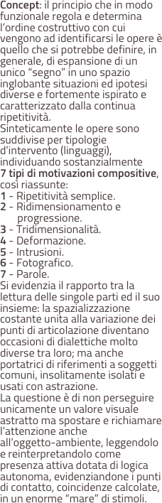 Concept: il principio che in modo funzionale regola e determina l’ordine costruttivo con cui vengono ad identificarsi le opere è quello che si potrebbe definire, in generale, di espansione di un unico “segno” in uno spazio inglobante situazioni ed ipotesi diverse e fortemente ispirato e caratterizzato dalla continua ripetitività.
Sinteticamente le opere sono suddivise per tipologie d’intervento (linguaggi), individuando sostanzialmente 
7 tipi di motivazioni compositive, così riassunte: 
1 - Ripetitività semplice. 
2 - Ridimensionamento e 
       progressione. 
3 - Tridimensionalità. 
4 - Deformazione. 
5 - Intrusioni. 
6 - Fotografico. 
7 - Parole.
Si evidenzia il rapporto tra la lettura delle singole parti ed il suo insieme: la spazializzazione costante unita alla variazione dei punti di articolazione diventano occasioni di dialettiche molto diverse tra loro; ma anche portatrici di riferimenti a soggetti comuni, insolitamente isolati e usati con astrazione.
La questione è di non perseguire unicamente un valore visuale astratto ma spostare e richiamare l’attenzione anche 
all’oggetto-ambiente, leggendolo e reinterpretandolo come presenza attiva dotata di logica autonoma, evidenziandone i punti di contatto, coincidenze calcolate, in un enorme “mare” di stimoli.